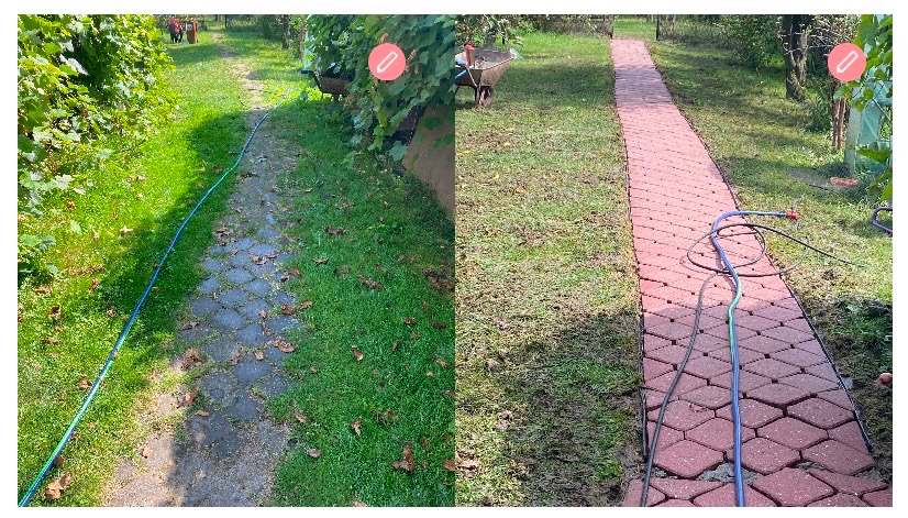 Porównanie stanu kostki brukowej przed i po czyszczeniu. Po lewej stronie zabrudzona, porośnięta mchem, po prawej stronie wyczyszczona czerwona kostka brukowa z widocznym wężem do mycia.