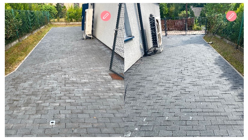 Porównanie stanu kostki brukowej przed i po czyszczeniu, widoczne różnice w kolorze i usunięte zabrudzenia, z fragmentem elewacji budynku w tle.