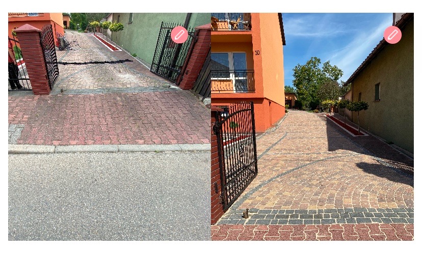 Dwa ujęcia tej samej posesji, prezentujące różny stan kostki brukowej: po lewej stronie widoczna zabrudzona kostka przed posesją, po prawej czysta kostka po zabiegu pielęgnacyjnym.