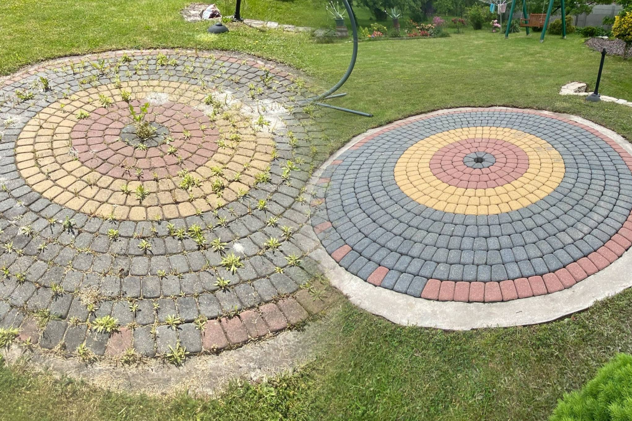 Kostka brukowa ułożona w okrągły wzór, podzielona na dwie części: przed i po czyszczeniu, z widocznymi chwastami po lewej i czystą powierzchnią po prawej.