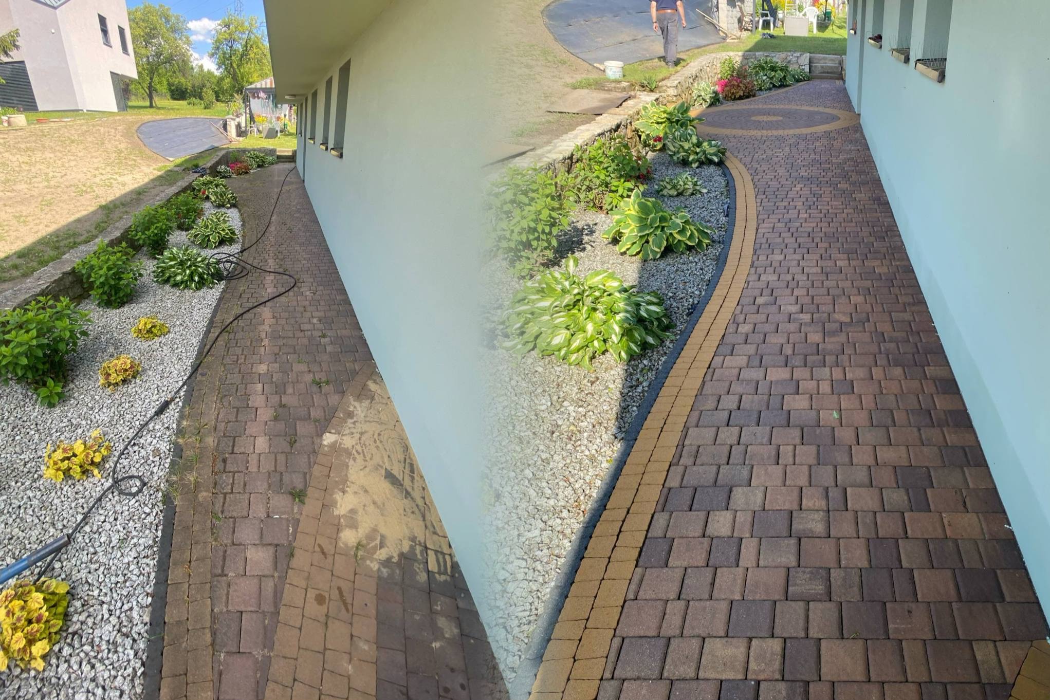 Efekt przed i po mycia kostki brukowej przy budynku z ogrodem. Widoczne różnice w czystości i kolorze kostki, zarys węża ciśnieniowego.