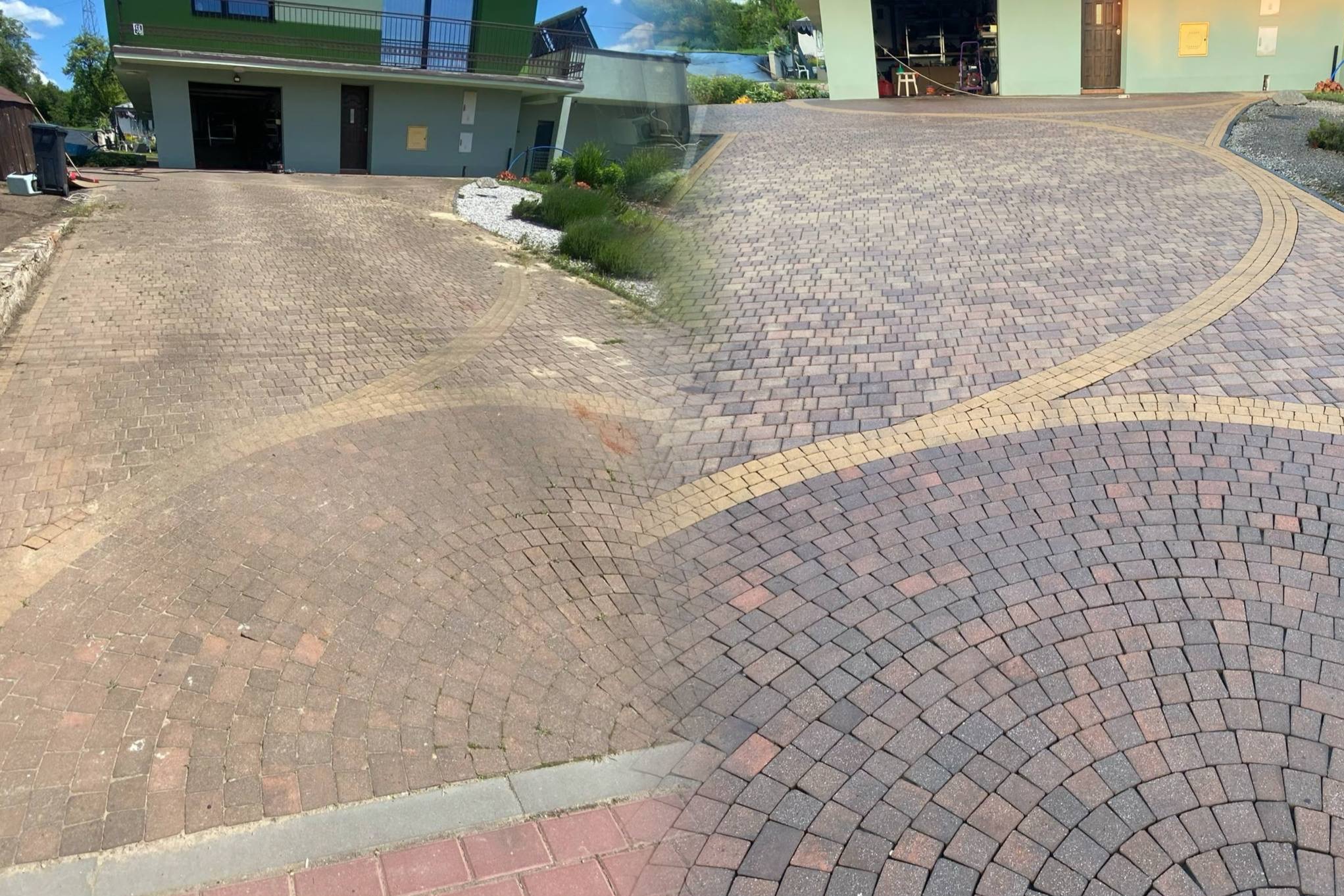 Kostka brukowa przed i po czyszczeniu, ukazująca różnicę w kolorze i usunięciu zabrudzeń na podjeździe przed domem. Widoczna część posesji z budynkiem w tle.