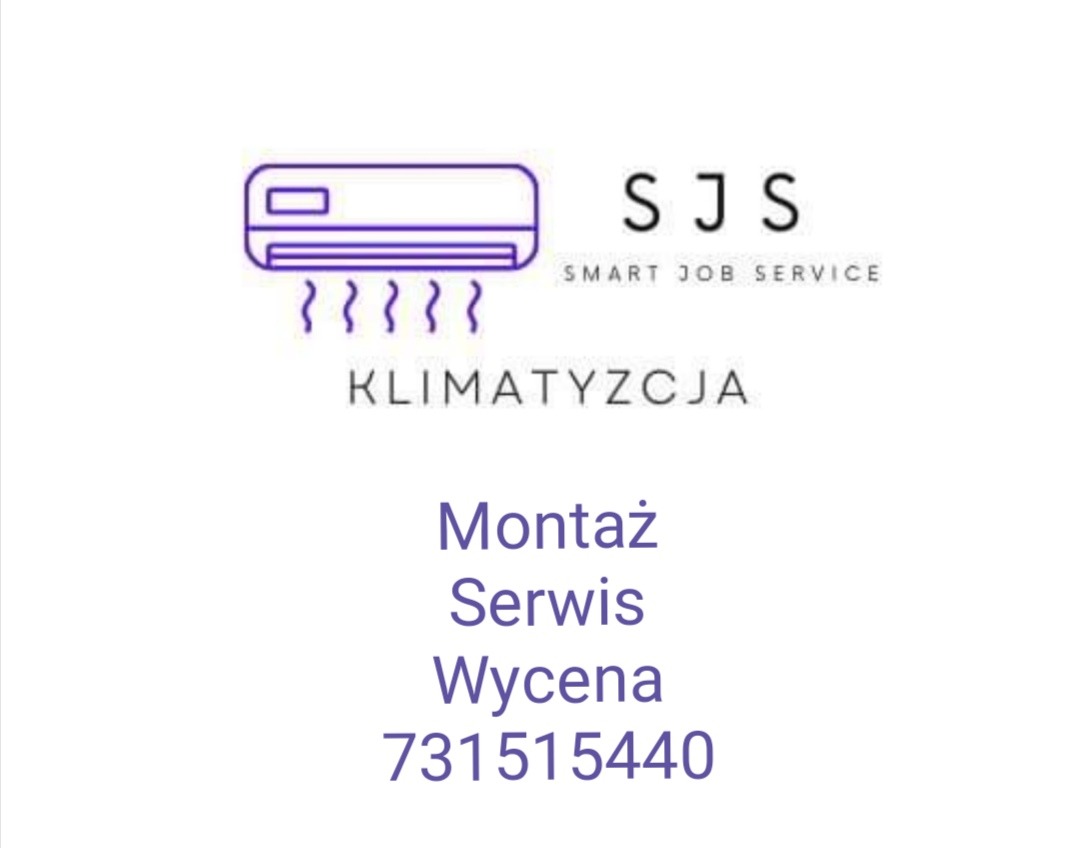 Logo firmy SJS Smart Job Service z fioletowym symbolem klimatyzatora, napisem 'Klimatyzacja', oraz listą usług: Montaż, Serwis, Wycena i numerem telefonu.