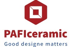 Logo firmy PAFIceramic z czerwonym heksagonem i kwadratem w środku, poniżej nazwa firmy i hasło 'Good designe matters'.
