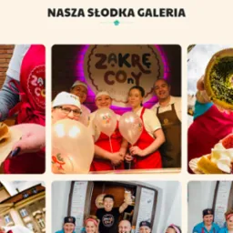 Kolaż zdjęć z cukierni: gofry z bitą śmietaną i owocami, kołacze, personel w firmowych fartuchach i balony z logo firmy.