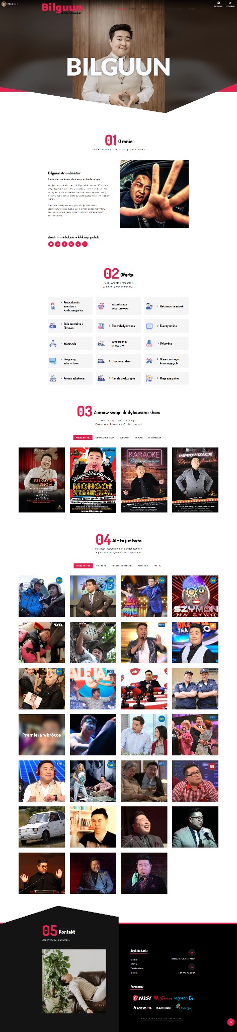 Strona internetowa z wizerunkiem Bilguuna Ariunbaatara oferującego usługi rozrywkowe, takie jak prowadzenie eventów, karaoke i stand-up.