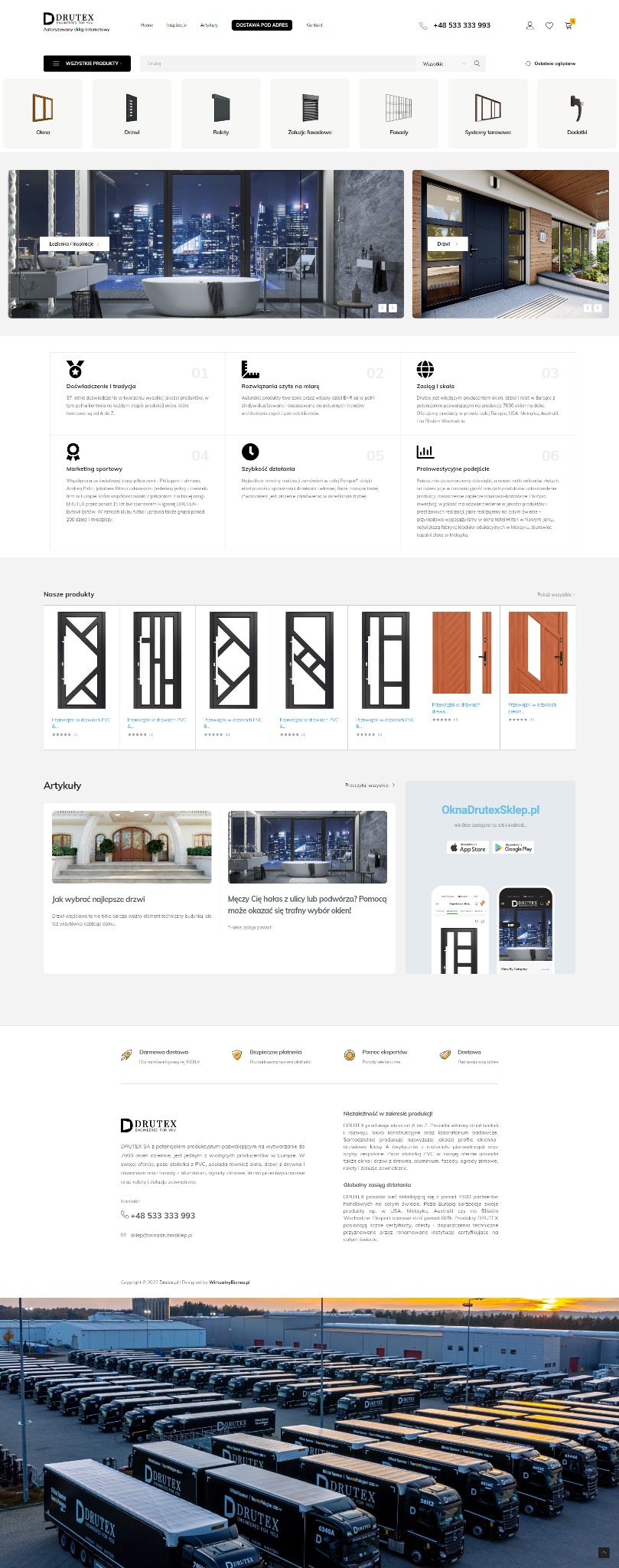 Strona internetowa firmy OknaDrutexSklep.pl z ofertą okien, drzwi i rolet, widoczna sekcja z artykułami i informacjami o firmie.