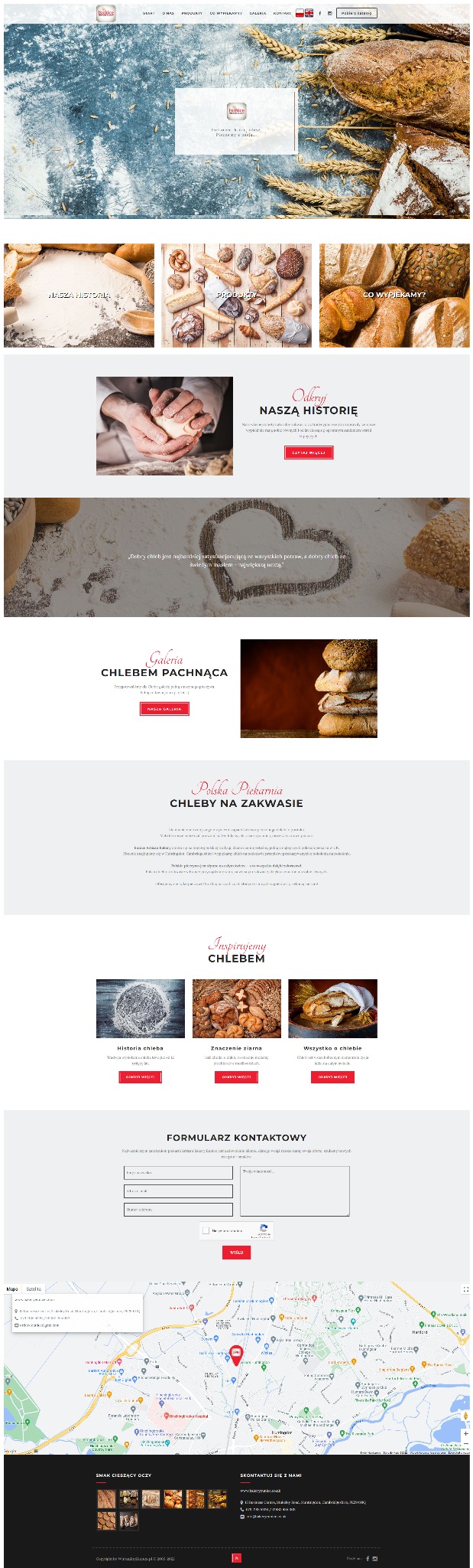 Wygląd strony internetowej piekarni BakeryEunice.co.uk z widocznymi zdjęciami pieczywa, menu i formularzem kontaktowym.