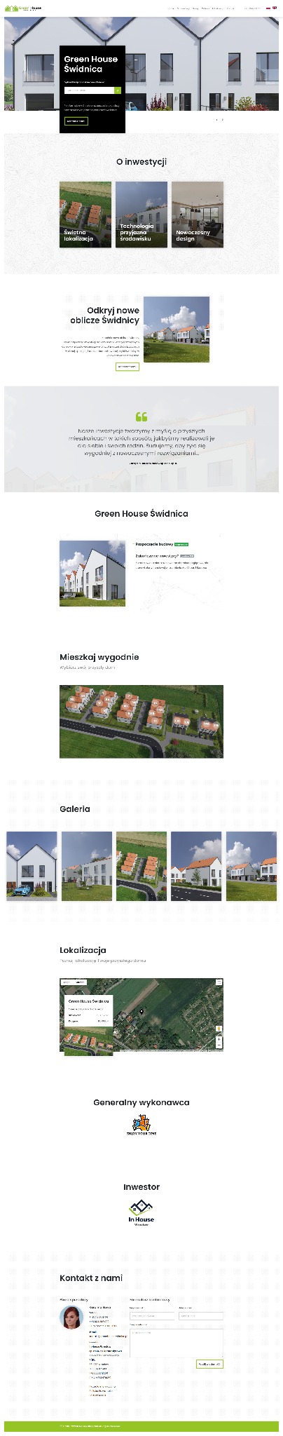 Strona internetowa z prezentacją osiedla domów Green House Świdnica, z minimalistyczną grafiką domów i czarnym panelem z nazwą inwestycji.