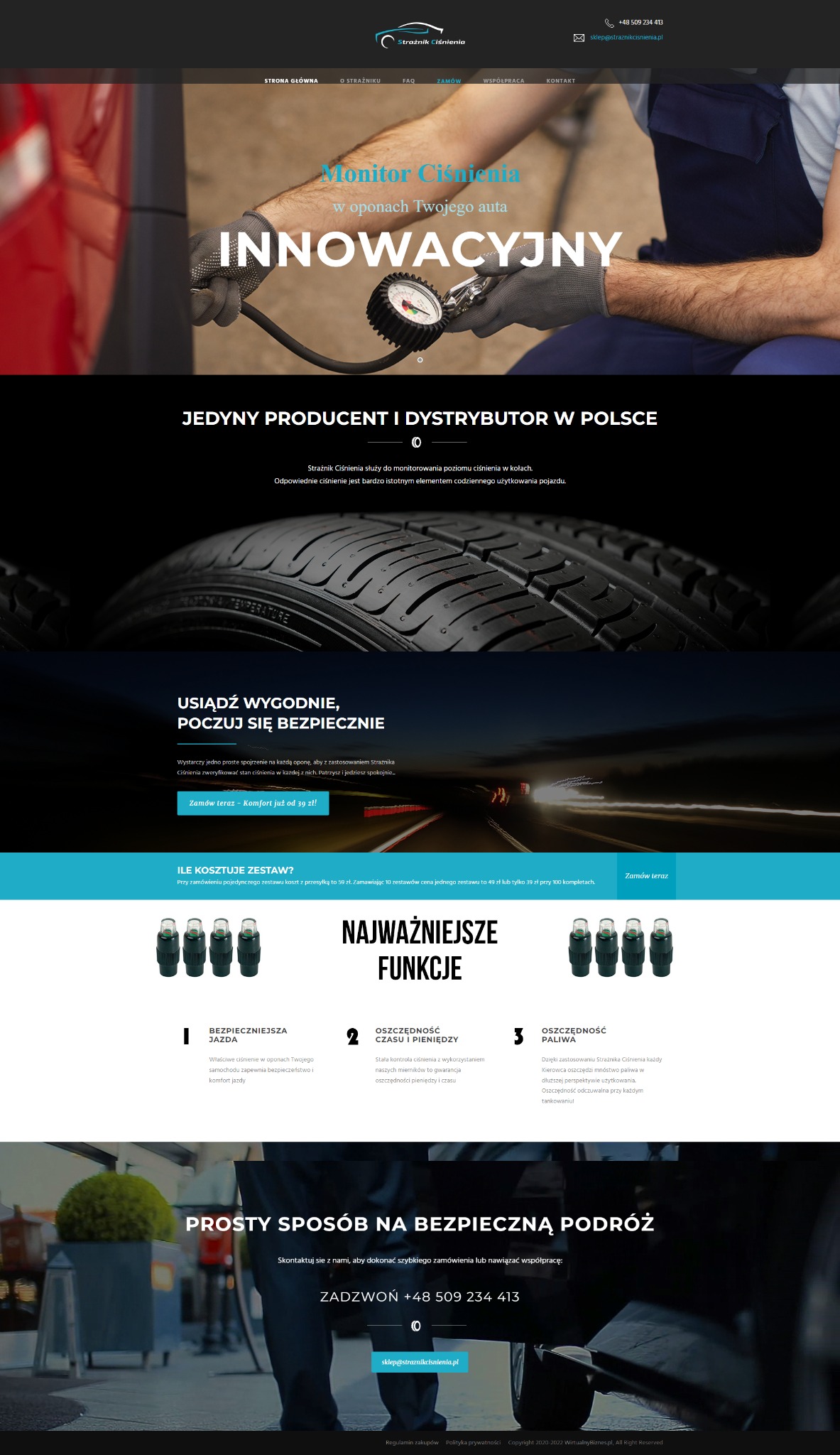 Strona internetowa firmy StraznikCisnienia.pl prezentująca monitor ciśnienia w oponach, z hasłem 'Monitor Ciśnienia w oponach Twojego auta. Innowacyjny'. Na stronie widoczne są elementy interfejsu,...