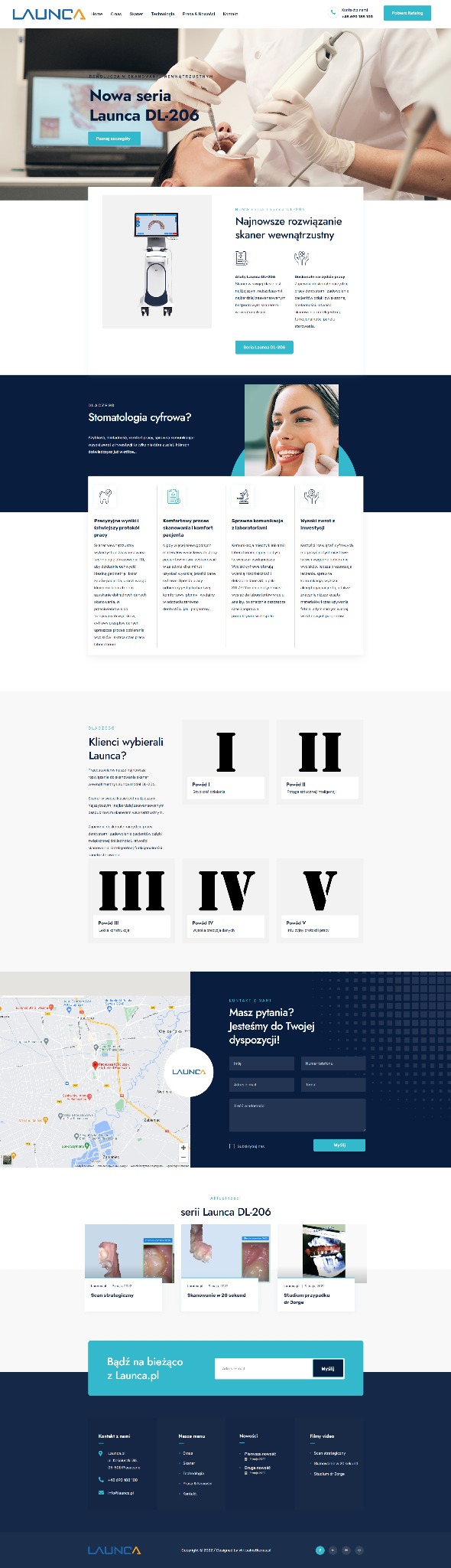 Fragment strony internetowej Launca.pl, prezentujący stomatologiczne skanery wewnątrzustne serii DL-206, z widoczną procedurą skanowania zębów pacjenta, opisane korzyści i powody wyboru firmy,...