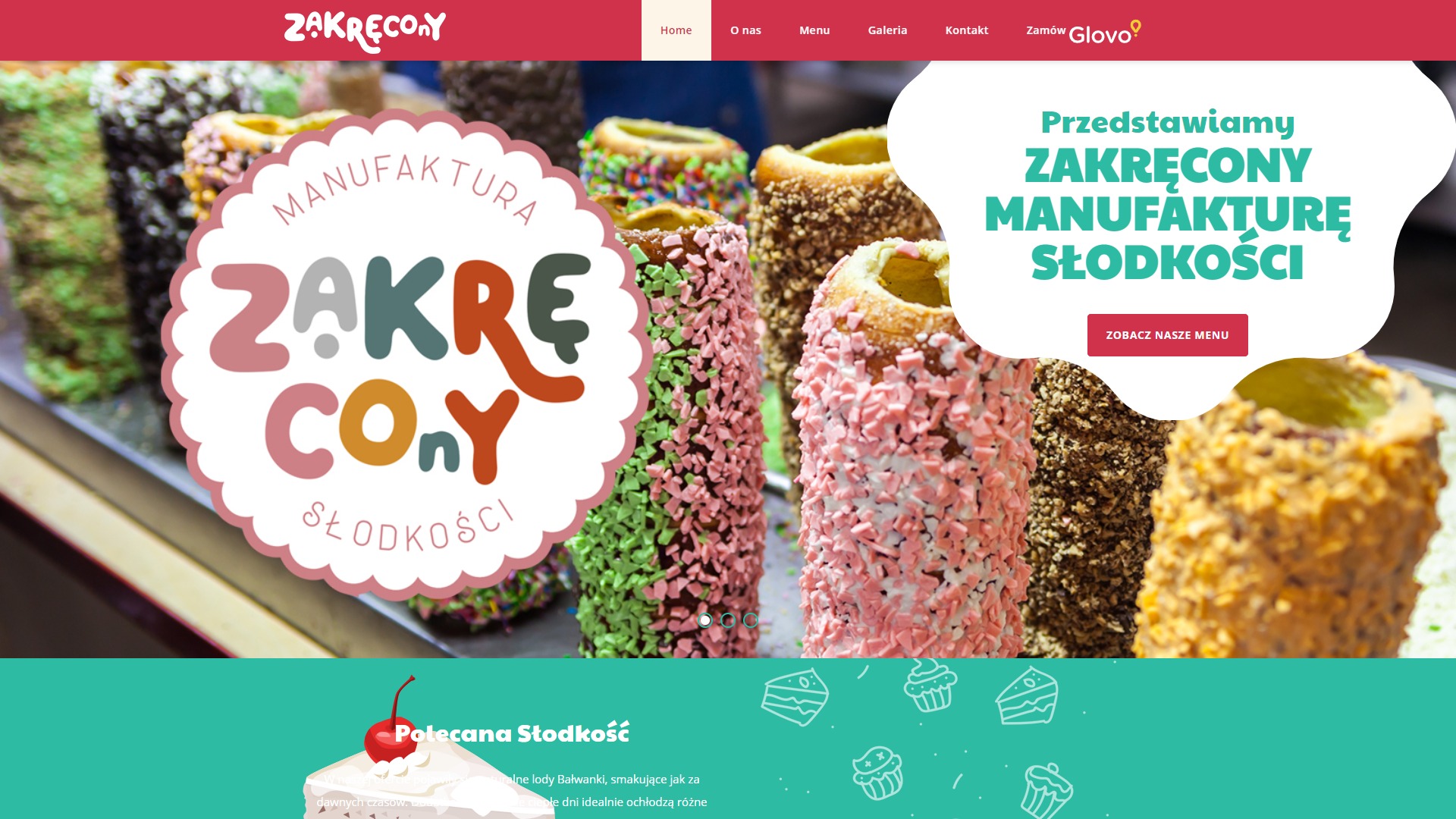 Strona internetowa z wizualizacją słodkich wypieków w kształcie walców, pokrytych kolorowymi posypkami, z logo firmy Zakręcony Manufaktura Słodkości.