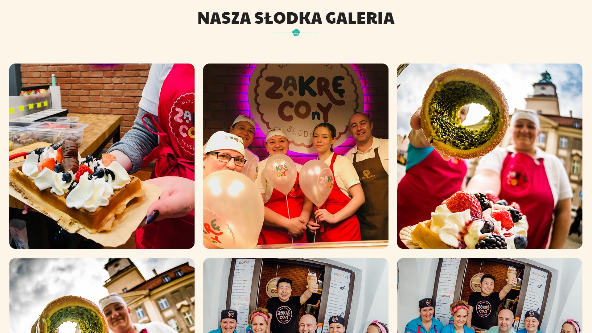 Kolaż zdjęć z cukierni: gofry z bitą śmietaną i owocami, kołacze, personel w firmowych fartuchach i balony z logo firmy.