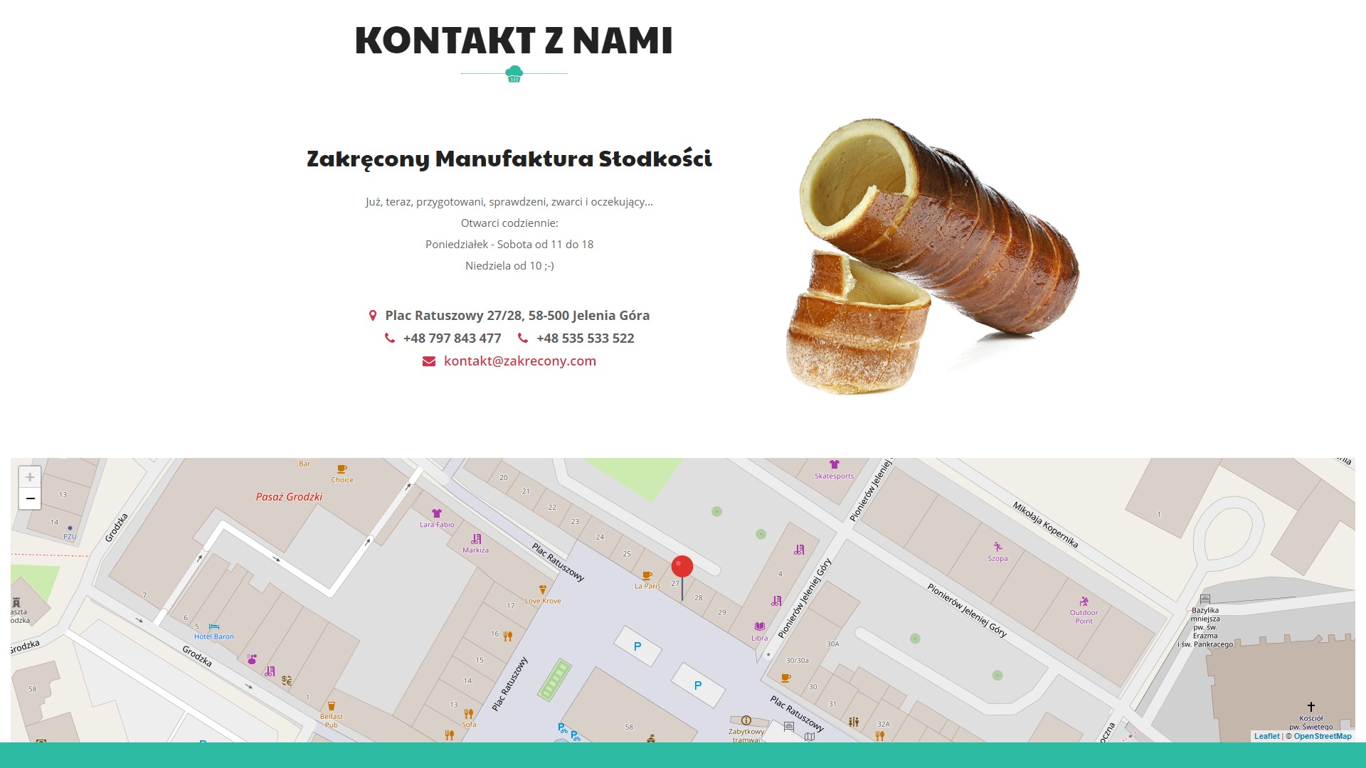 Zdjęcie górnej części strony internetowej firmy Zakręcony Manufaktura Słodkości z Jeleniej Góry, prezentującej adres, dane kontaktowe i mapę lokalizacji, a obok wizualizacja tradycyjnego...