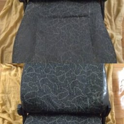 Szybka Pszczółka - Tapicerowane krzesło biurowe z wzorem przed i po czyszczeniu, widoczna różnica w odcieniu i świeżości tkaniny po prawej stronie.