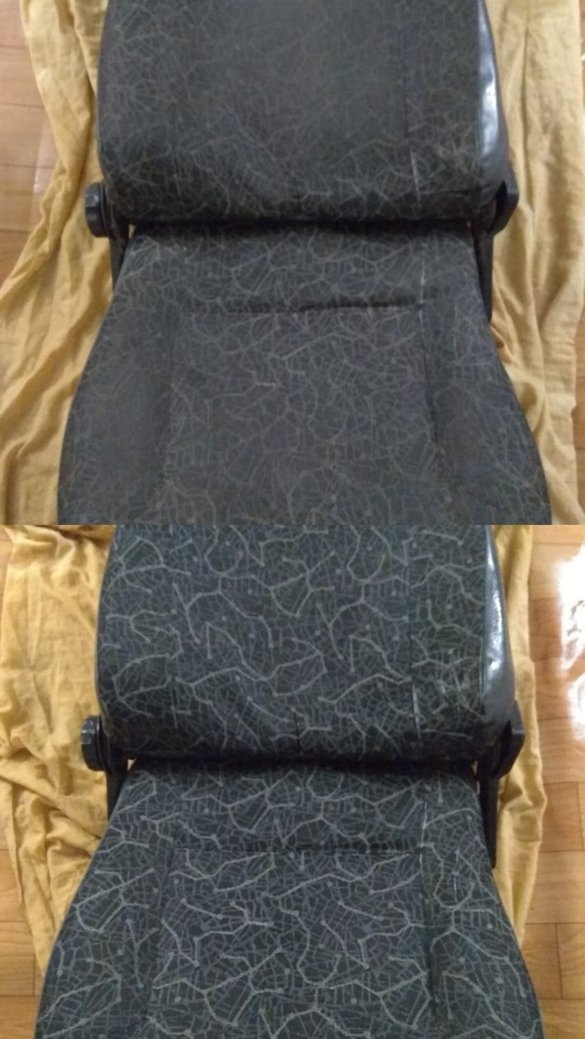 Tapicerowane krzesło biurowe z wzorem przed i po czyszczeniu, widoczna różnica w odcieniu i świeżości tkaniny po prawej stronie.