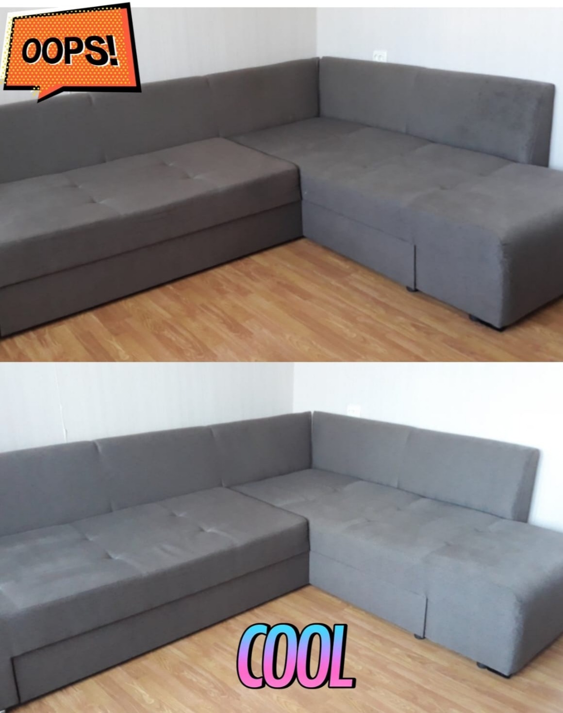 Dwu-częściowy narożnik w odcieniach szarości na panelach podłogowych, z nałożonymi efektami graficznymi 'OOPS!' i 'COOL' na każdym z ujęć.