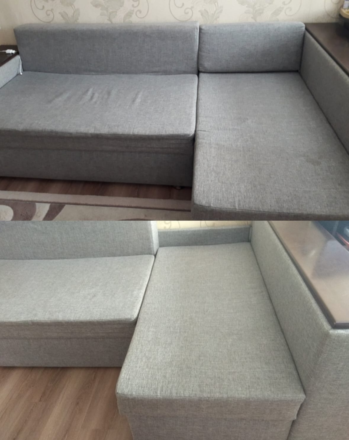 Szara, narożna kanapa z tkaniny, podzielona na dwie części zdjęcia, z widocznymi detalami faktury materiału i elementami otoczenia, takimi jak podłoga i fragment ściany z tapetą.