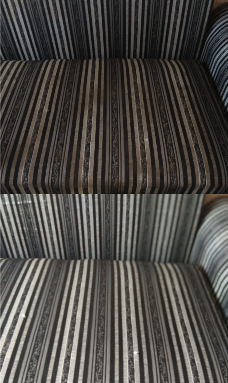 Porównanie czystości tapicerki kanapy w paski przed i po czyszczeniu, widoczne różnice w odcieniach i usunięte plamy.