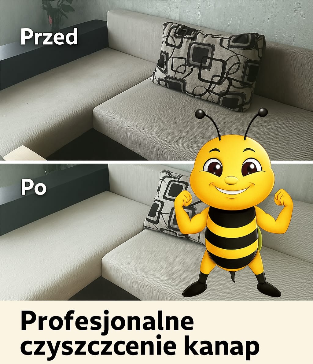 Porównanie stanu kanapy przed i po czyszczeniu, z dodaną postacią pszczoły jako element graficzny.