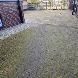 Dariusz Lewandowski - Częściowo wyczyszczona kostka brukowa przed domem, z widoczną różnicą w kolorze i brakiem mchu po lewej stronie. Dom z cegły i brama w tle.