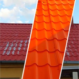 Dariusz Lewandowski - Dachówka przed i po malowaniu: po lewej stronie wyblakły czerwony, po prawej intensywny pomarańczowy. Widoczny fragment budynku i niebo z chmurami.