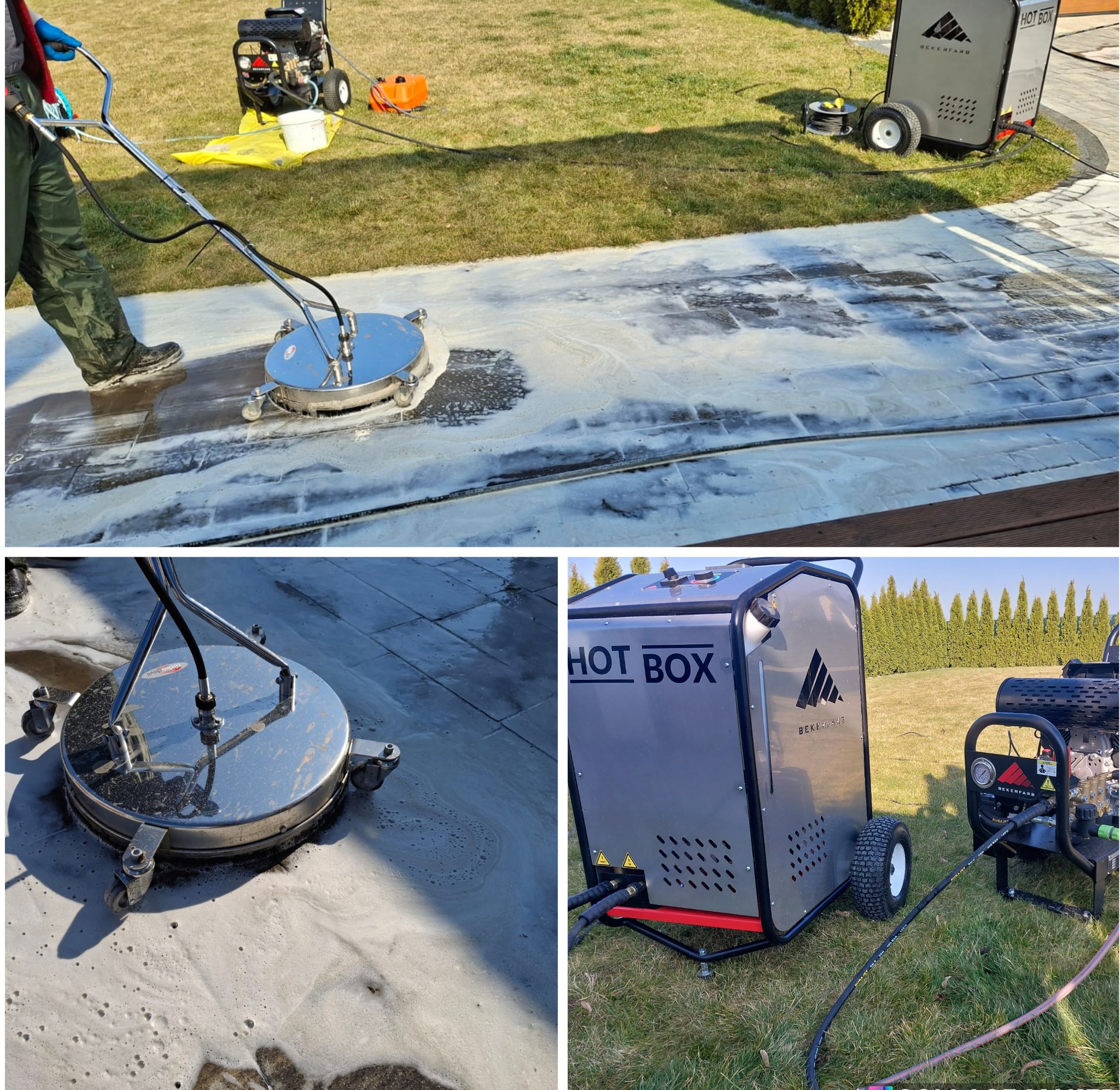 Czyszczenie kostki brukowej za pomocą myjki ciśnieniowej z okrągłą dyszą, widoczna piana i brud spływający z czyszczonej powierzchni, w tle trawnik i profesjonalny sprzęt czyszczący.