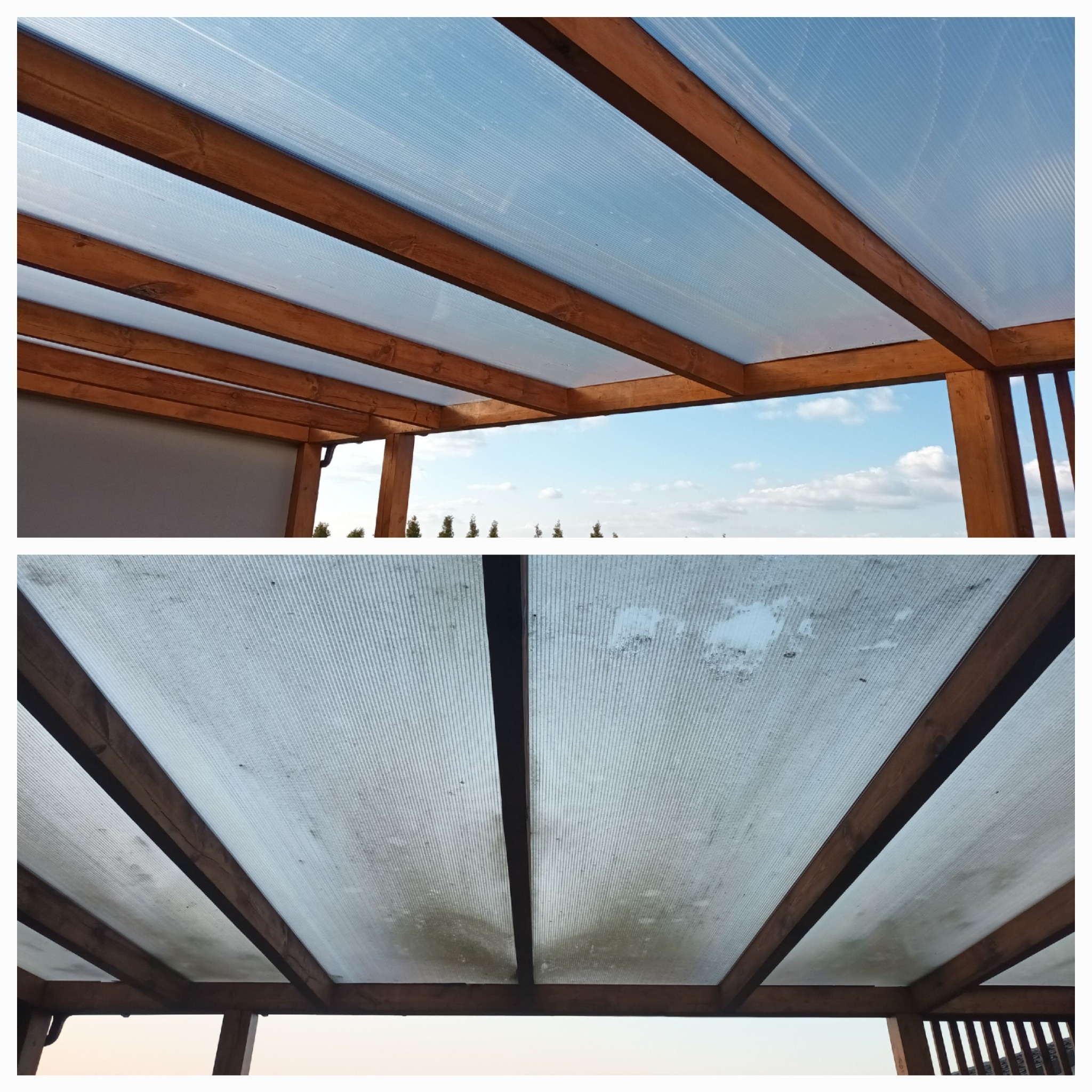 Pergola z przezroczystym zadaszeniem poliwęglanowym, widok z dołu: górna część czysta, dolna z widocznymi zabrudzeniami i zaciekami.