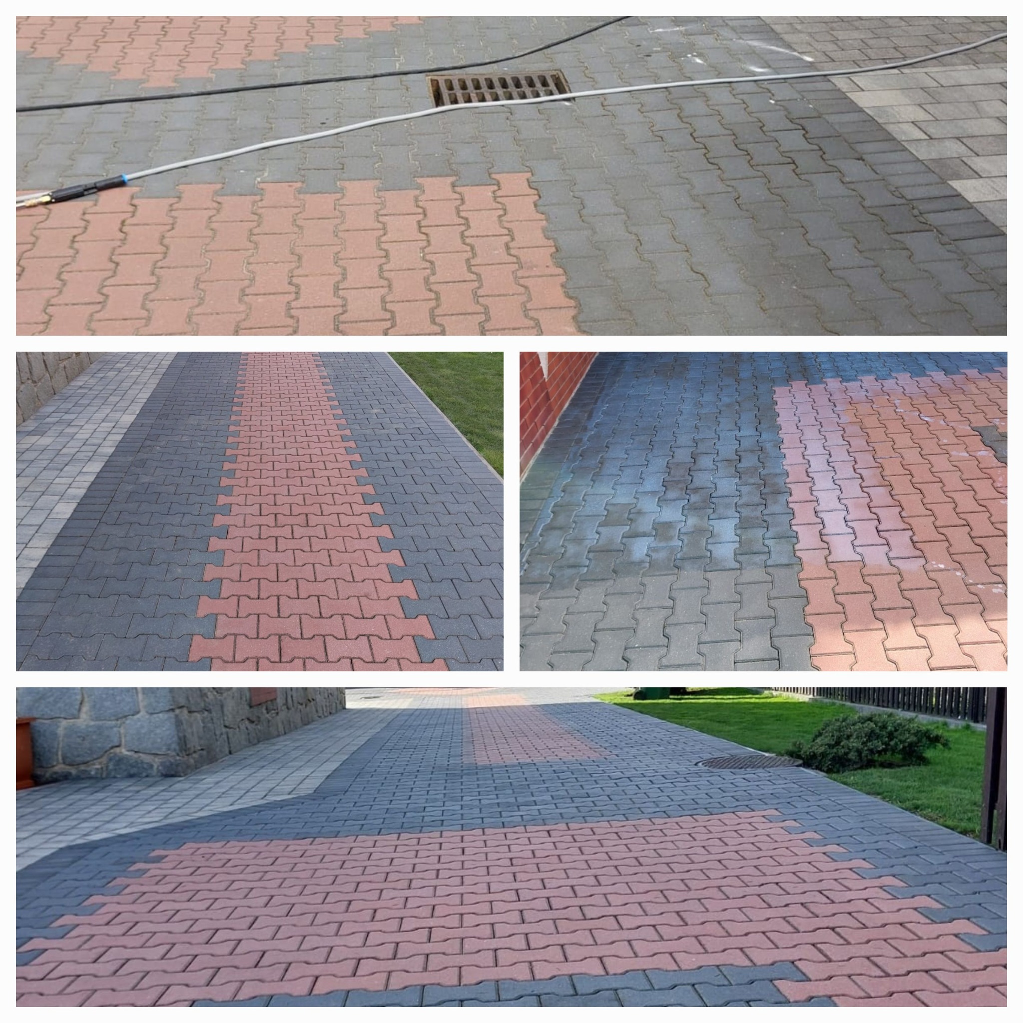 Układanka zdjęć: kostka brukowa częściowo umyta, z widocznym wężem ciśnieniowym i różnicą w kolorze między czystą a brudną powierzchnią. Efekt czyszczenia.