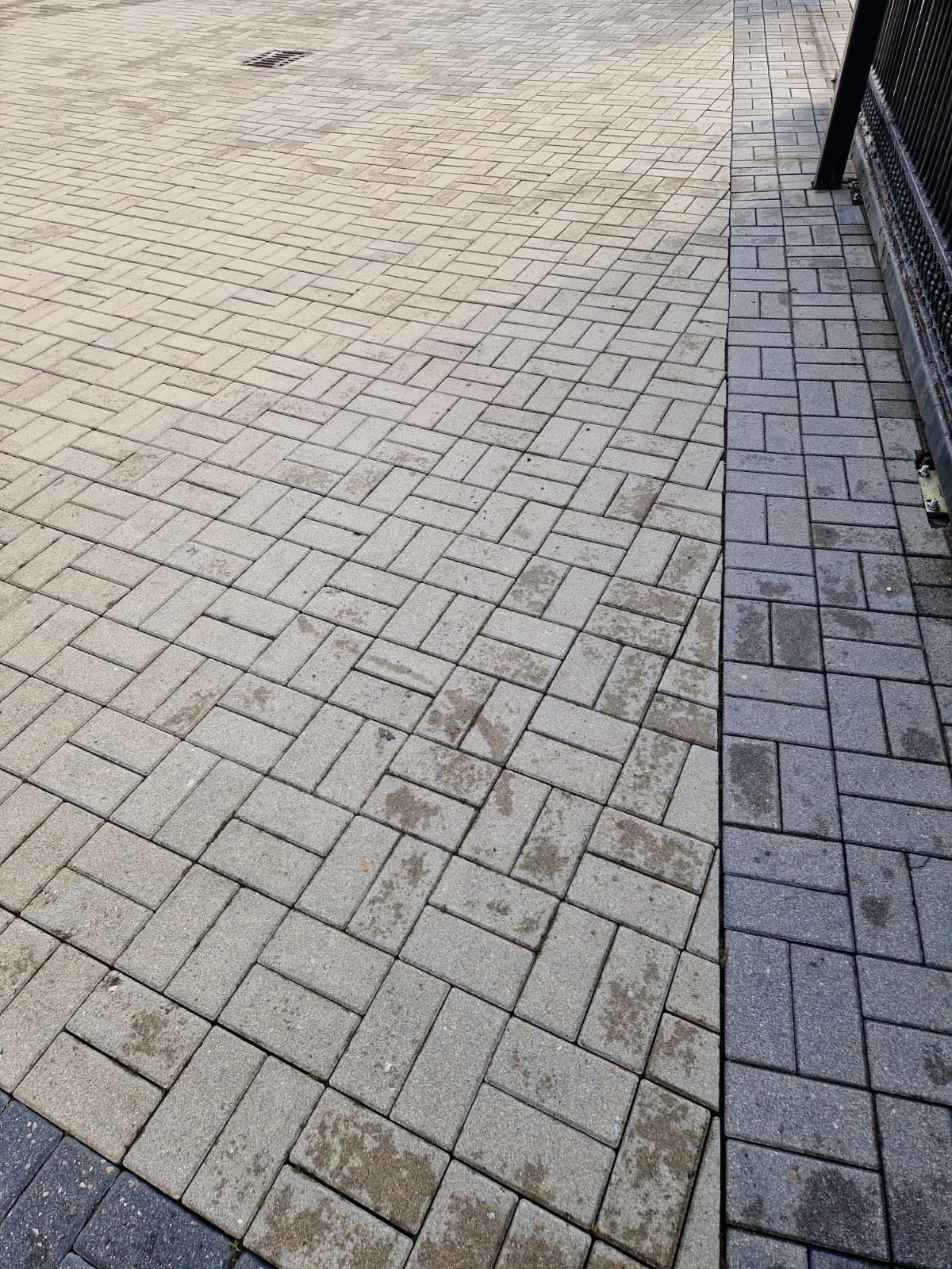 Częściowo umyta kostka brukowa ułożona w jodełkę, widoczne różnice w kolorze. Po prawej stronie kostka ciemniejsza, po lewej jaśniejsza. Fragment metalowego ogrodzenia.