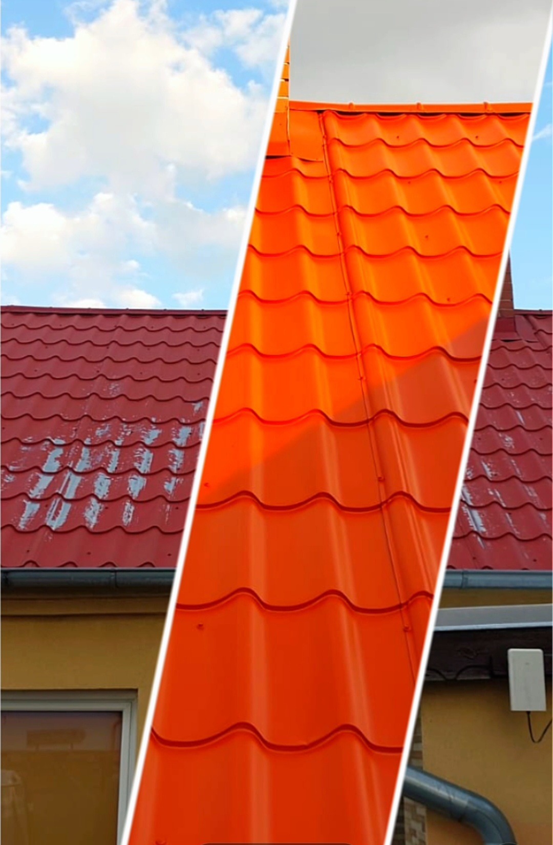 Dachówka przed i po malowaniu: po lewej stronie wyblakły czerwony, po prawej intensywny pomarańczowy. Widoczny fragment budynku i niebo z chmurami.