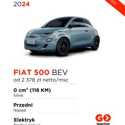 GO leasing Rzeszów - Niebieski Fiat 500 BEV z 2024 roku, prezentowany w studio na białym tle z informacjami o cenie i specyfikacji, oraz logo firmy oferującej finansowanie.