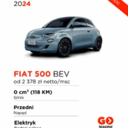 Niebieski Fiat 500 BEV z 2024 roku, prezentowany w studio na białym tle z informacjami o cenie i specyfikacji, oraz logo firmy oferującej finansowanie.