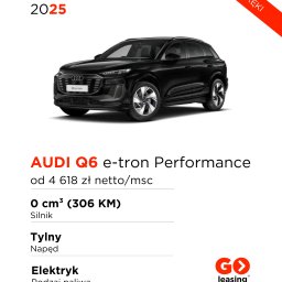 GO leasing Rzeszów - Czarny elektryczny SUV Audi Q6 e-tron Performance z 2025 roku, prezentowany na białym tle z informacją o dostępności 'od ręki' i cenie netto za miesiąc.