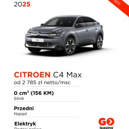 GO leasing Rzeszów - Szary elektryczny Citroen C4 Max z 2025 roku, prezentowany na białym tle z informacjami o cenie netto i rodzaju paliwa, z logo firmy leasingowej w prawym dolnym rogu i napisem 'od ręki'...