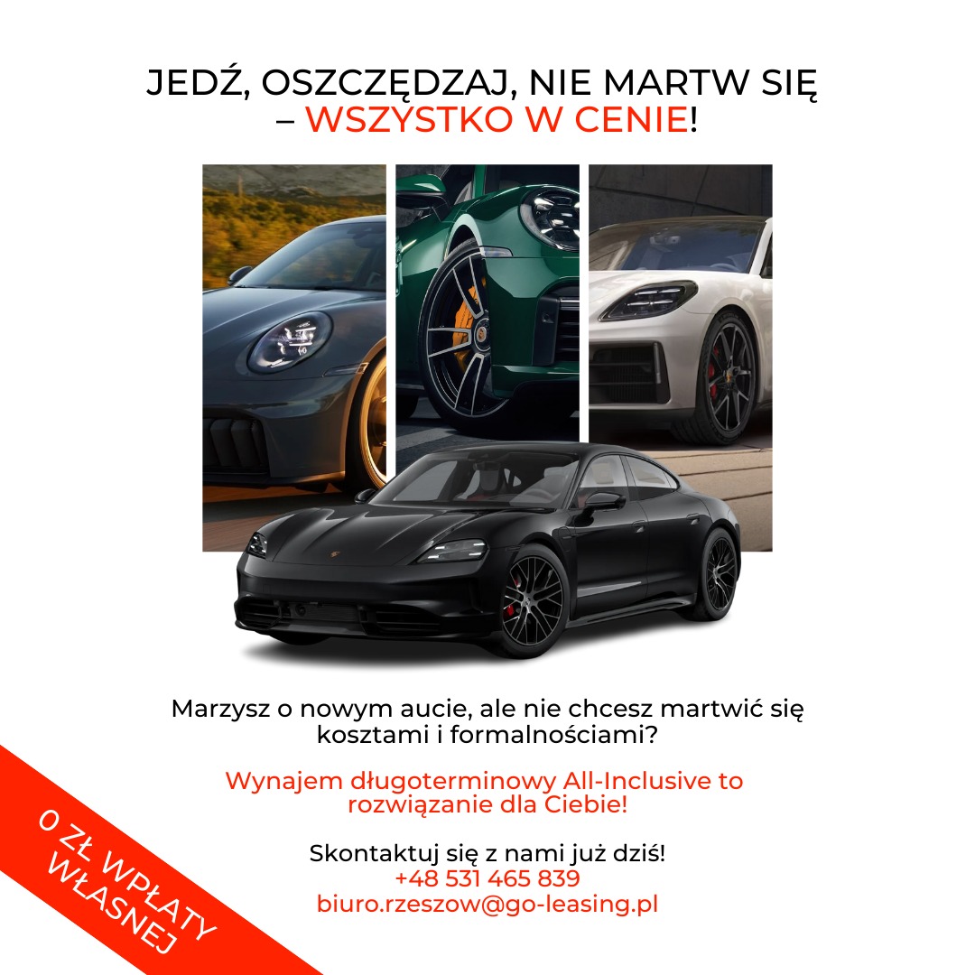 Czarny samochód sportowy na pierwszym planie, w tle kolaż trzech innych modeli Porsche w różnych kolorach, reklama wynajmu długoterminowego z zerową wpłatą własną.