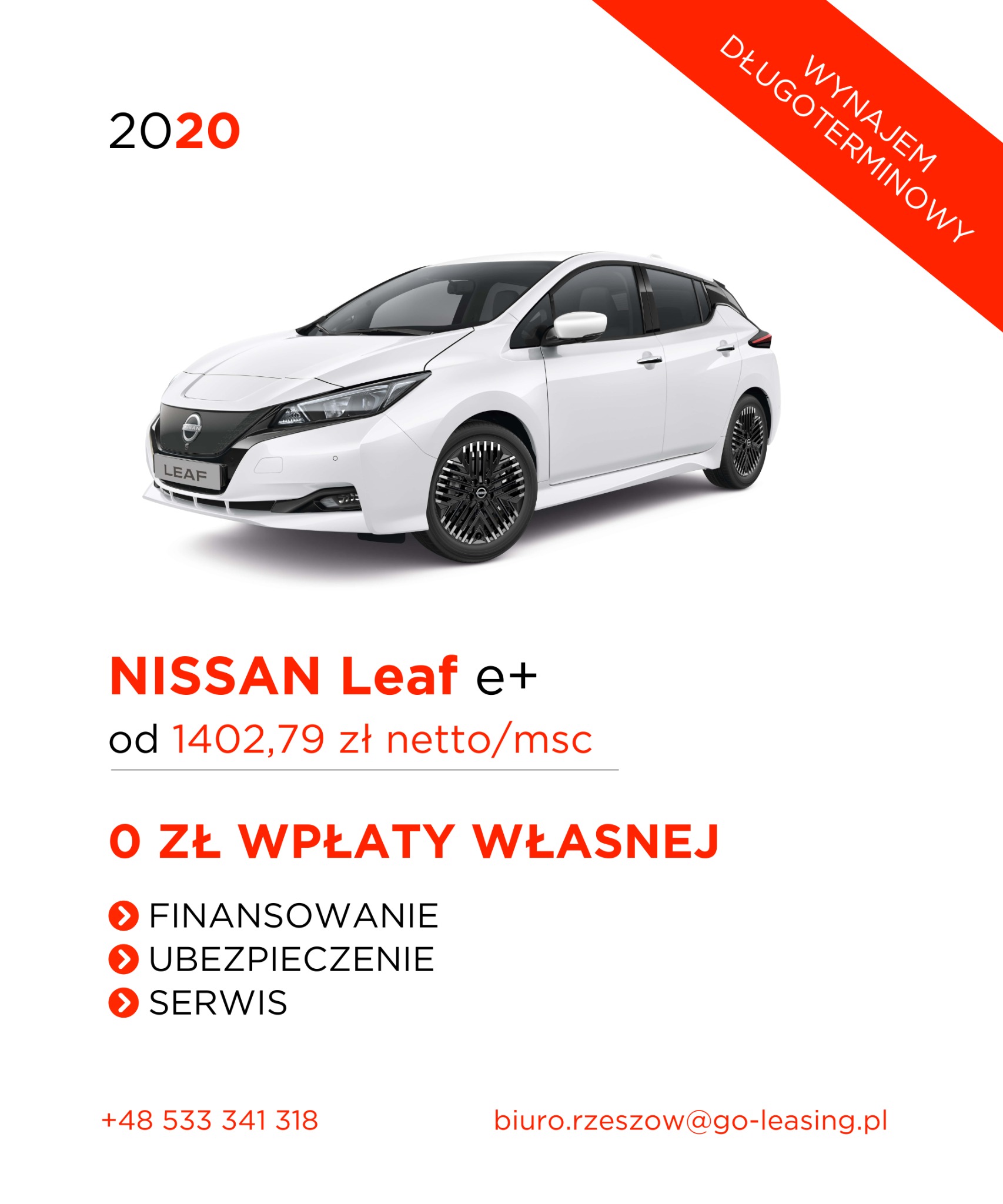 Biały Nissan Leaf e+ z 2020 roku, prezentowany na białym tle z informacją o wynajmie długoterminowym, finansowaniu, ubezpieczeniu i serwisie, oraz braku wkładu własnego.