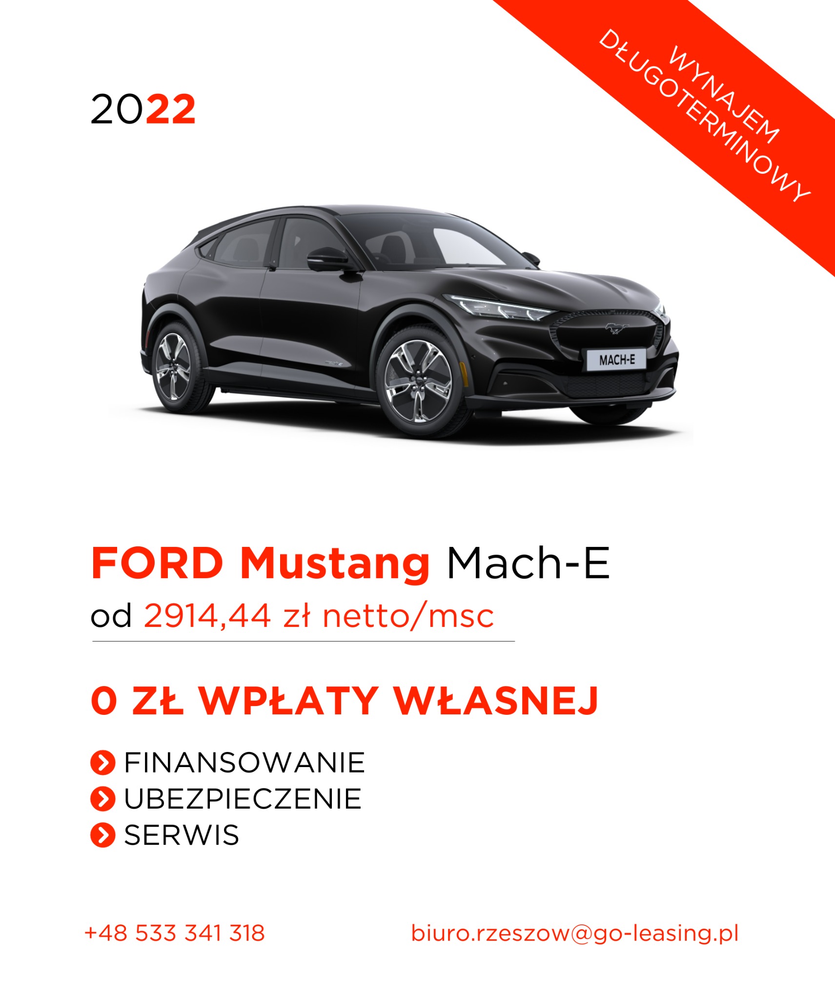 Czarny Ford Mustang Mach-E na białym tle z informacją o wynajmie długoterminowym w Rzeszowie, z uwzględnieniem finansowania, ubezpieczenia i serwisu.