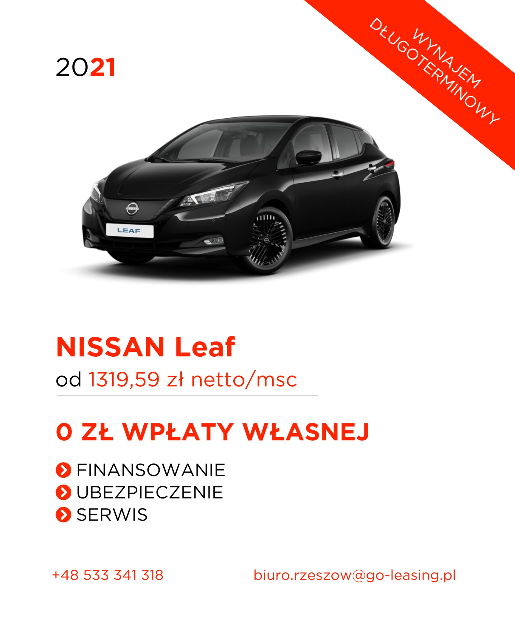 Czarny Nissan Leaf na białym tle, oferta wynajmu długoterminowego z ceną od 1319,59 zł netto miesięcznie i zerowym wkładem własnym, rok 2021, finansowanie, ubezpieczenie, serwis w cenie.