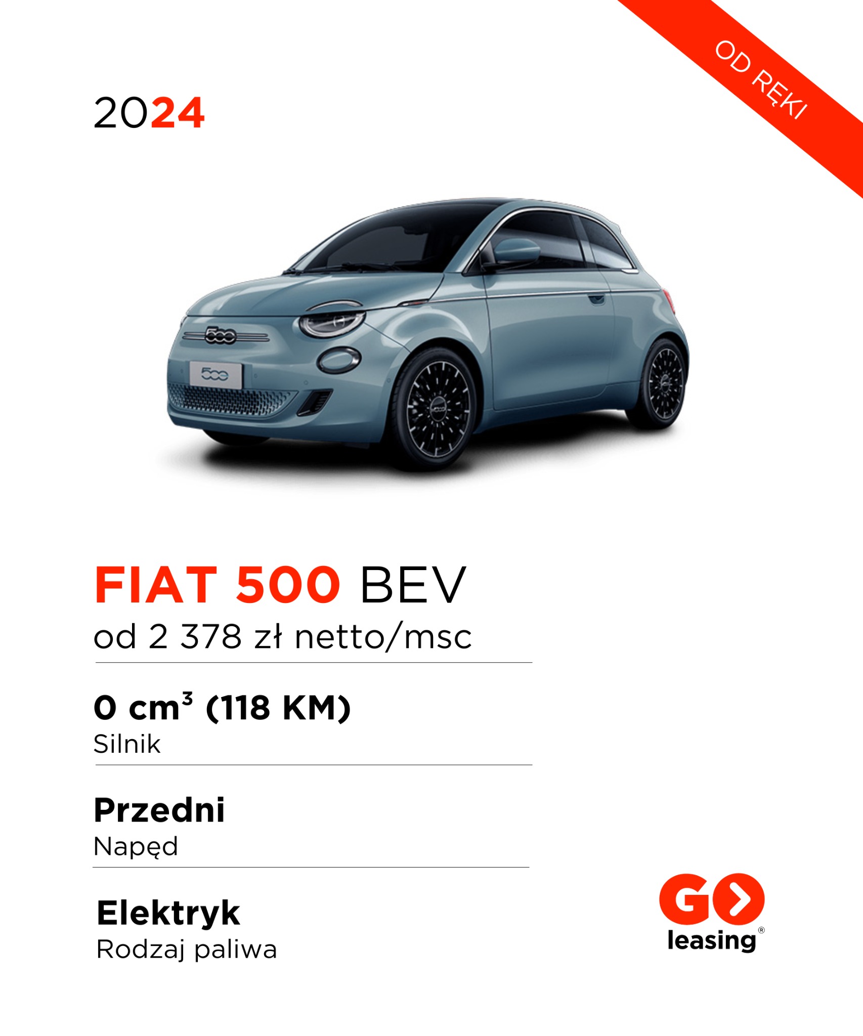 Niebieski Fiat 500 BEV z 2024 roku, prezentowany w studio na białym tle z informacjami o cenie i specyfikacji, oraz logo firmy oferującej finansowanie.