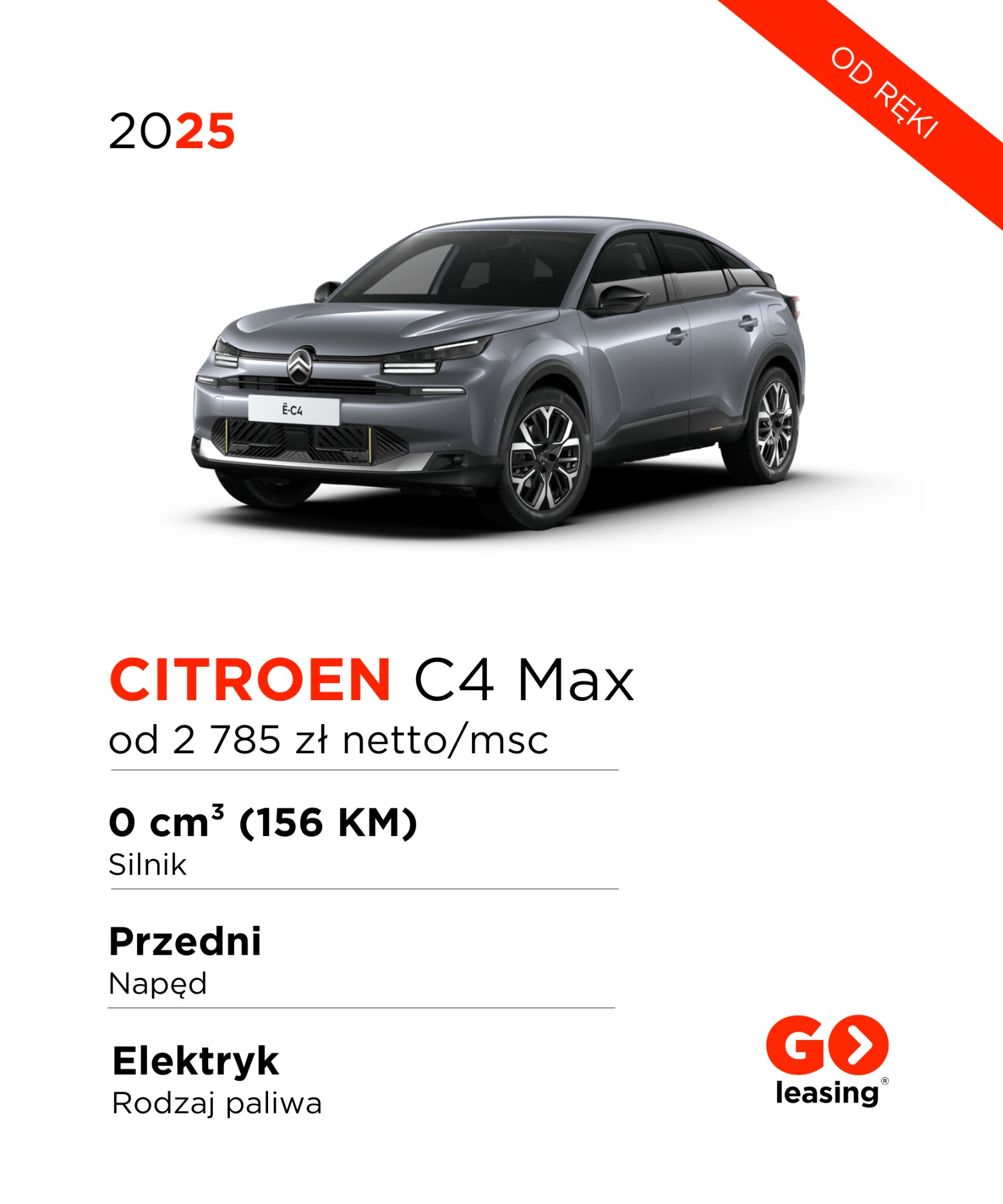 Szary elektryczny Citroen C4 Max z 2025 roku, prezentowany na białym tle z informacjami o cenie netto i rodzaju paliwa, z logo firmy leasingowej w prawym dolnym rogu i napisem 'od ręki'...
