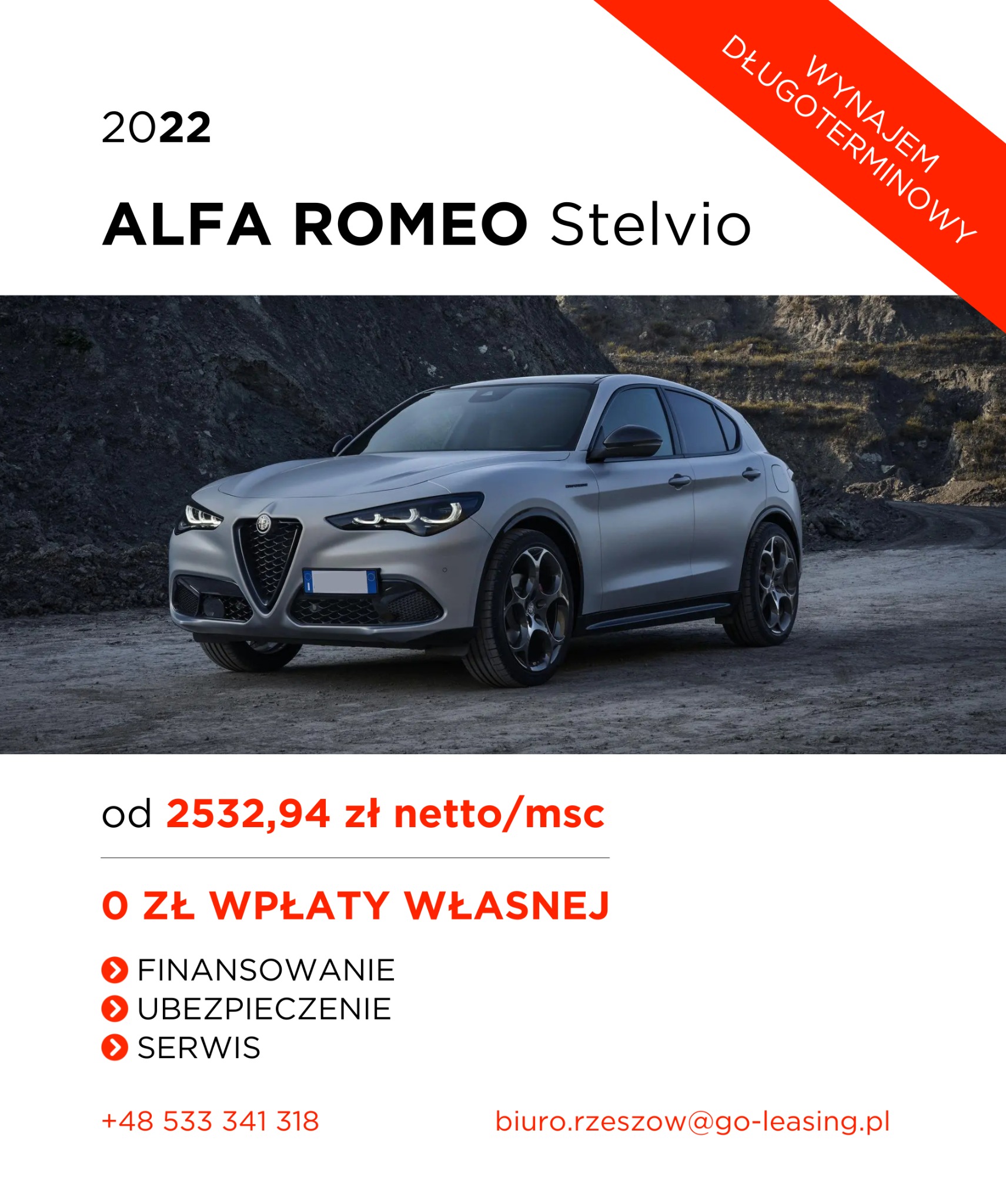Alfa Romeo Stelvio w kolorze srebrnym prezentowana na tle skalistego terenu, oferta wynajmu długoterminowego z informacjami o finansowaniu, ubezpieczeniu i serwisie, oraz ceną netto od 2532,94...