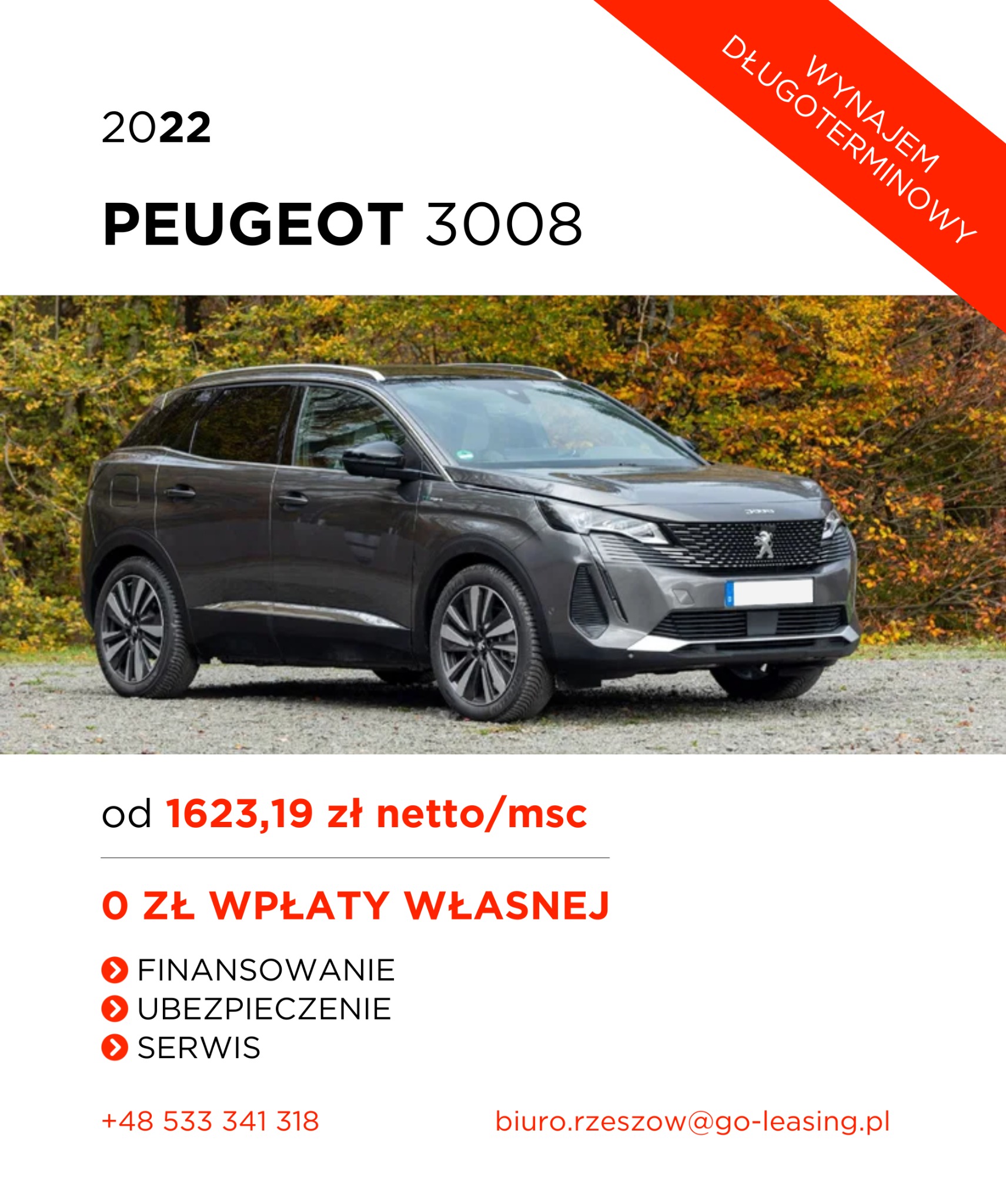 Szary Peugeot 3008 z 2022 roku na tle jesiennych drzew, oferta wynajmu długoterminowego, rata od 1623,19 zł netto, brak wpłaty własnej, finansowanie, ubezpieczenie, serwis w cenie.