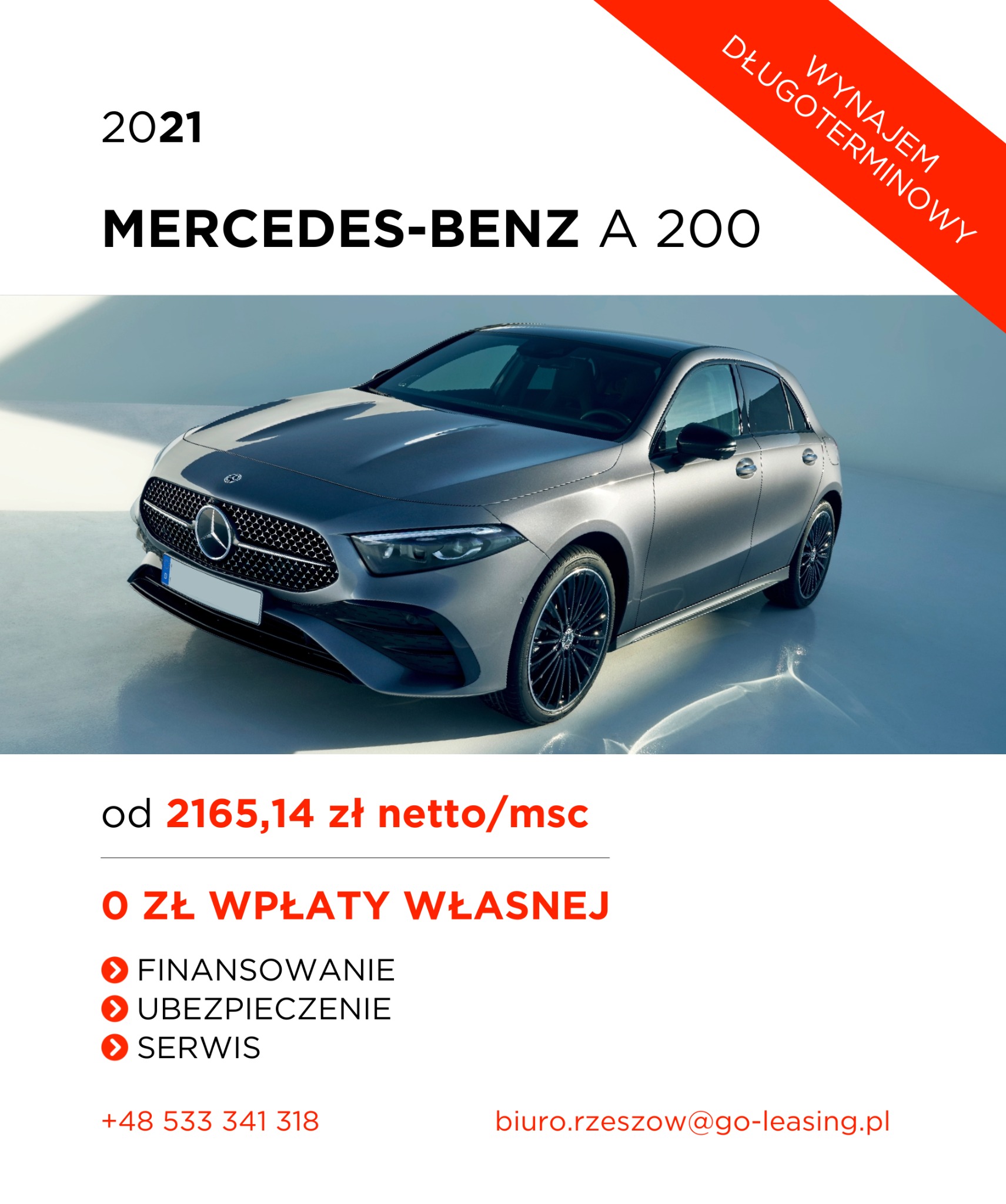 Szary Mercedes-Benz A 200 z 2021 roku, prezentowany z boku na jasnym tle, z informacją o finansowaniu, ubezpieczeniu i serwisie oraz cenie miesięcznej netto i braku wpłaty własnej; czerwony baner...