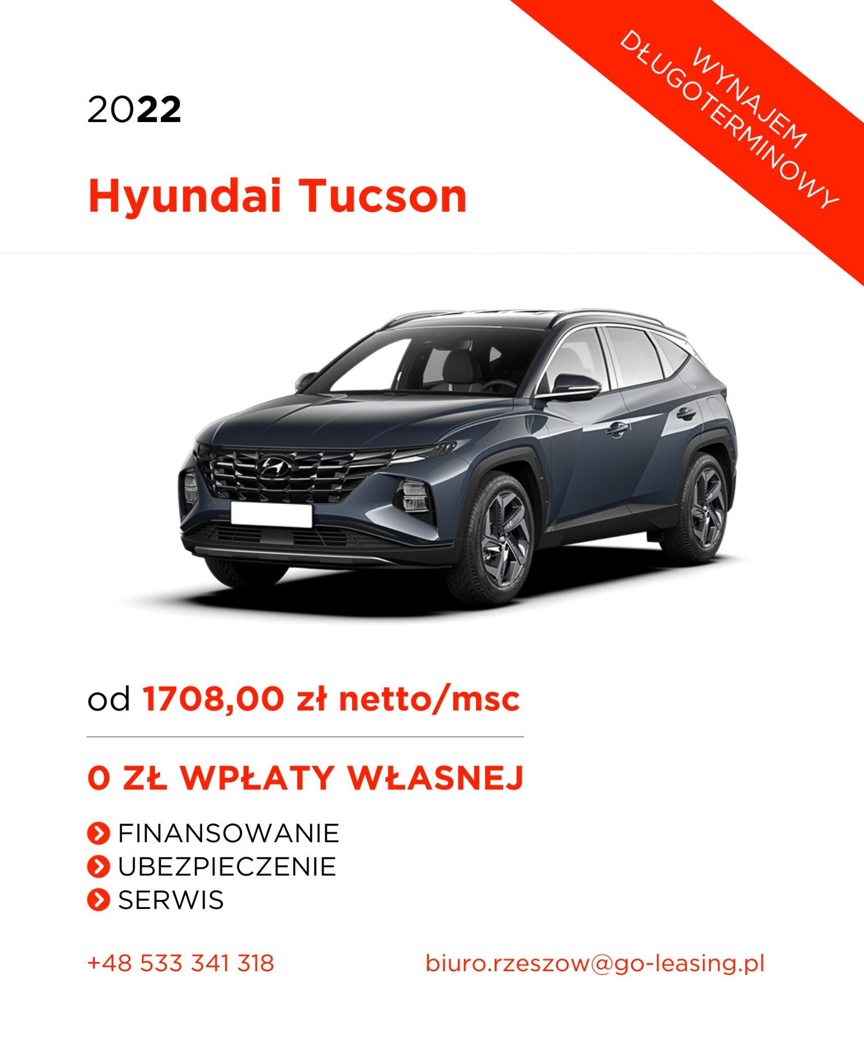 Hyundai Tucson w kolorze grafitowym, prezentowany na białym tle z informacją o wynajmie długoterminowym, finansowaniu, ubezpieczeniu i serwisie, oraz ceną od 1708 zł netto miesięcznie.