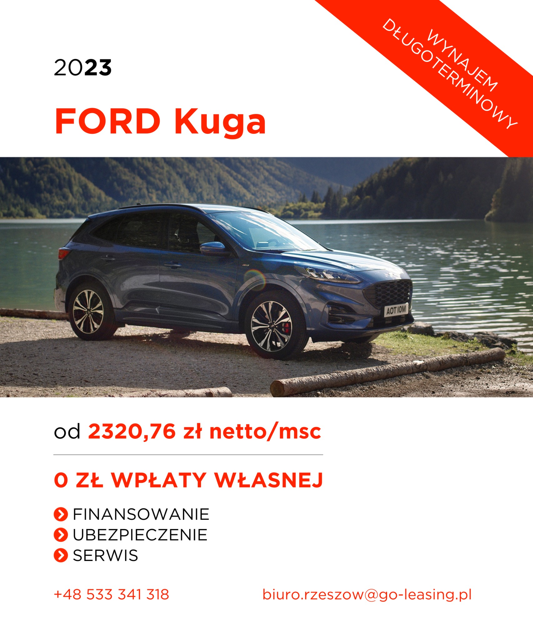 Niebieski Ford Kuga z 2023 roku na tle jeziora i gór, oferta wynajmu długoterminowego, brak wpłaty własnej, finansowanie, ubezpieczenie, serwis.