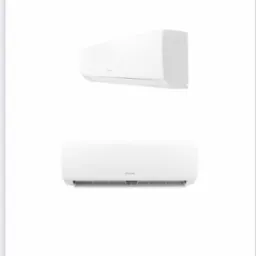 Dwa białe klimatyzatory ścienne marki Sinclair, jeden z boku, drugi z przodu, na białym tle. Prezentacja urządzeń chłodzących do domu lub biura.