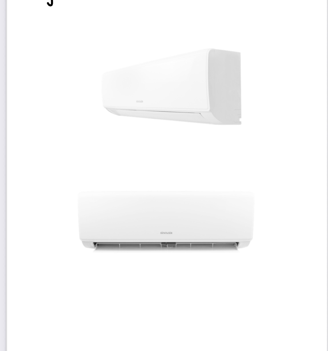 Dwa białe klimatyzatory ścienne marki Sinclair, jeden z boku, drugi z przodu, na białym tle. Prezentacja urządzeń chłodzących do domu lub biura.