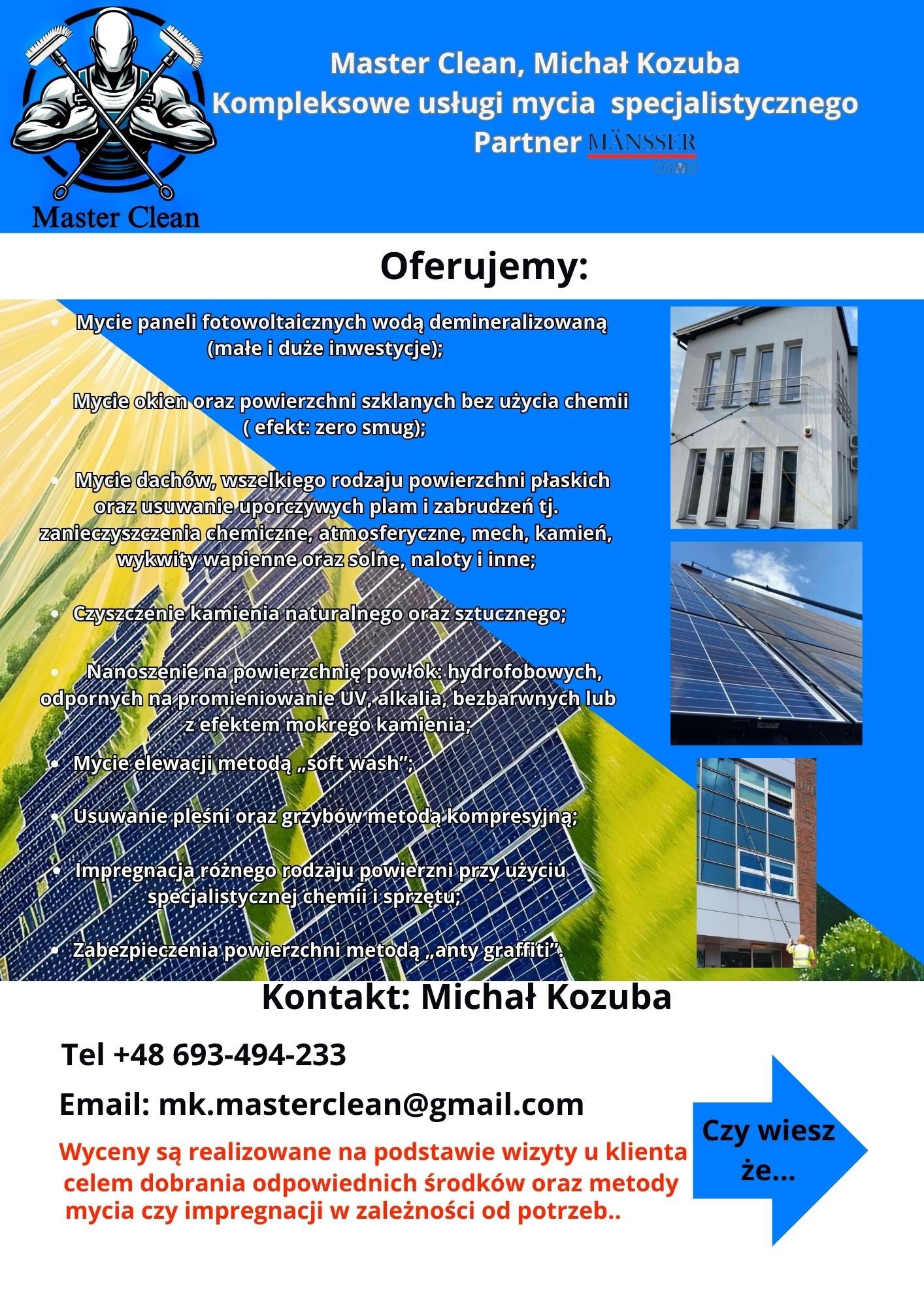 Ulotka reklamowa firmy Master Clean oferującej kompleksowe usługi mycia specjalistycznego, w tym mycie paneli fotowoltaicznych, okien, dachów, elewacji i kamienia, z podanym numerem telefonu...