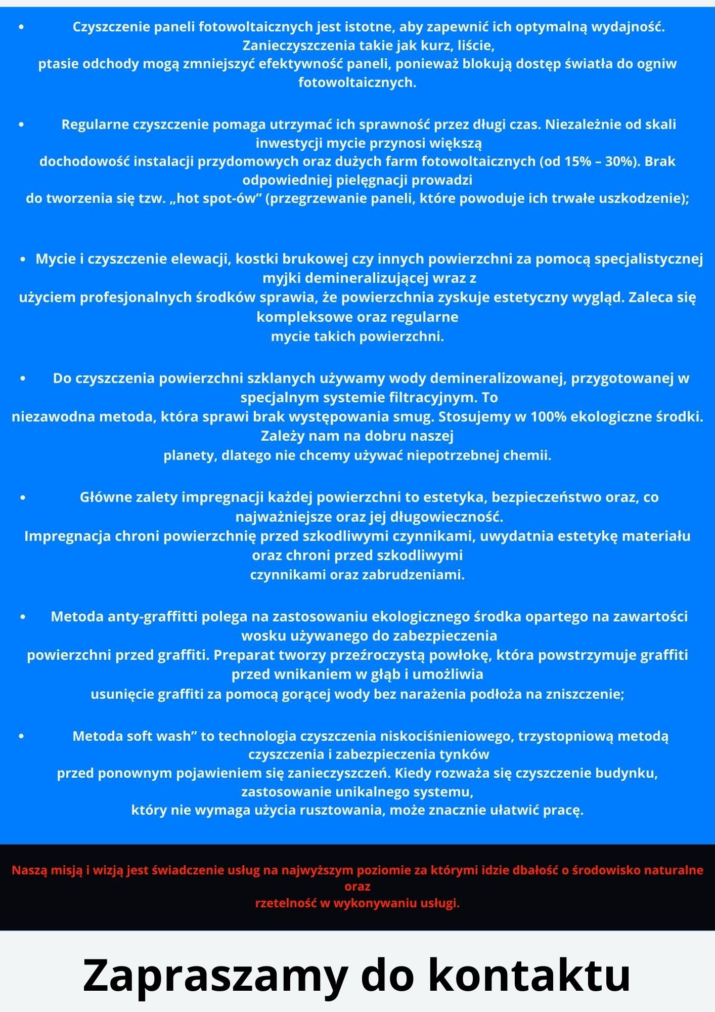 Tekst informacyjny o czyszczeniu paneli fotowoltaicznych, elewacji, kostki brukowej, powierzchni szklanych oraz zabezpieczaniu anty-graffiti. Wspomniano o metodzie soft wash.